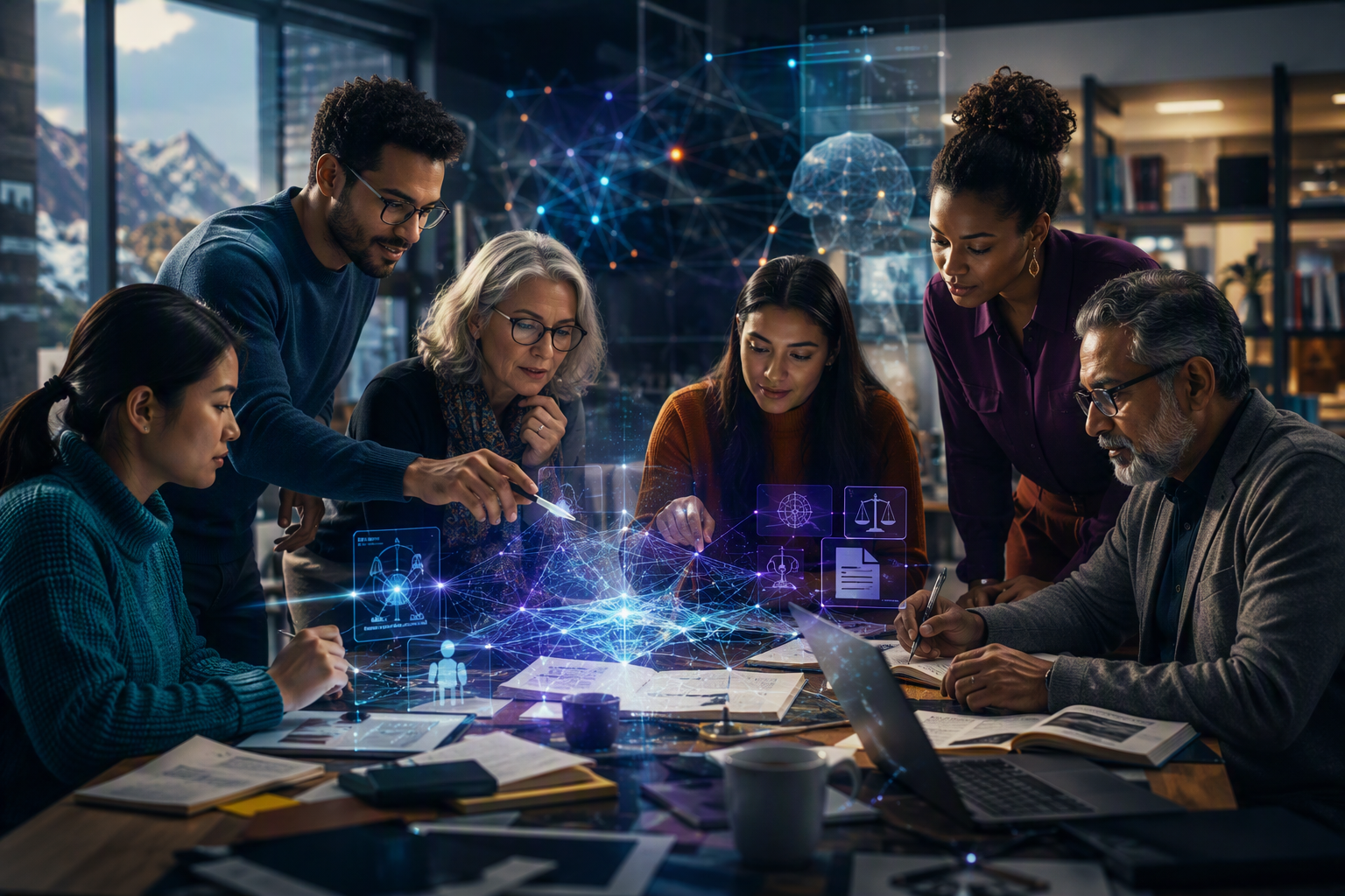 Adult learners and professionals collaborating around documents, computers, and an abstract AI information network in a university learning environment.